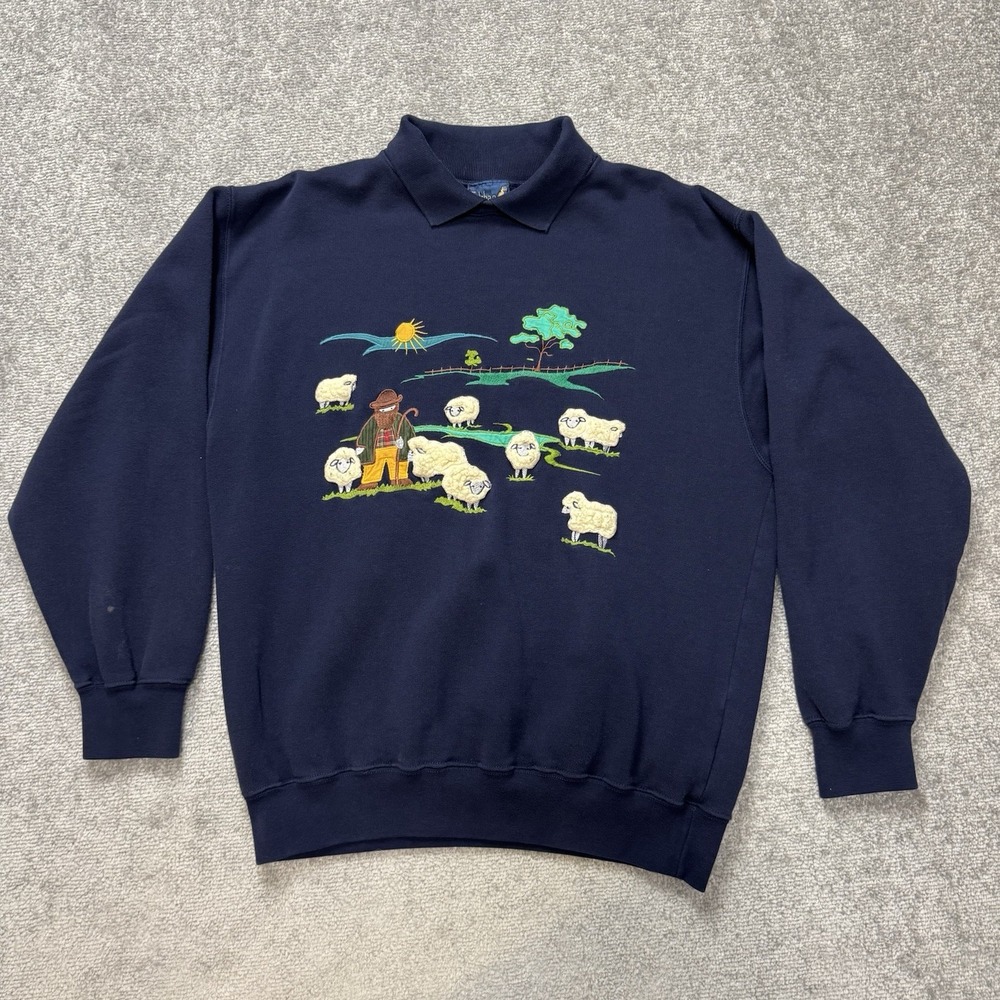 Vintage 90's Tulchan Collared Sheep Embroidered Cottagecore Blue Sweater Size M